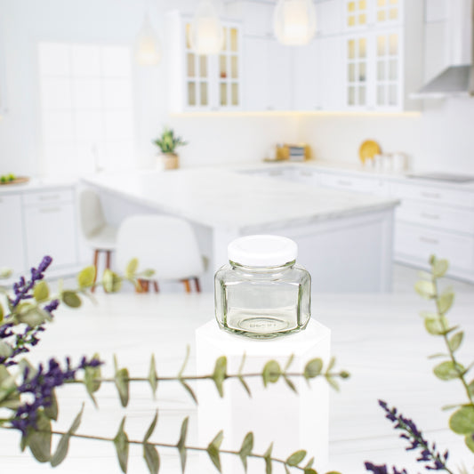 110 ml Oval Hexagon Glass Jar with 48mm White Metal Lug Cap