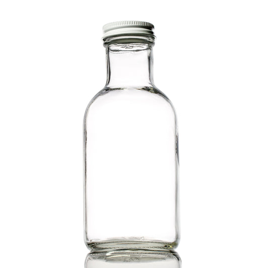 12 oz Clear Glass Stout Bottle with 38-400 White Metal Cap with Plastisol Liner