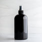 16 oz Black PET Boston Round Bottle with 24-410 Black Fine Mist Sprayer