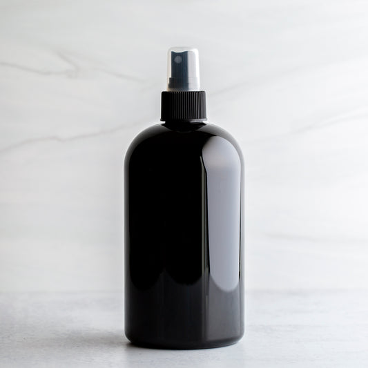 16 oz Black PET Boston Round Bottle with 24-410 Black Fine Mist Sprayer