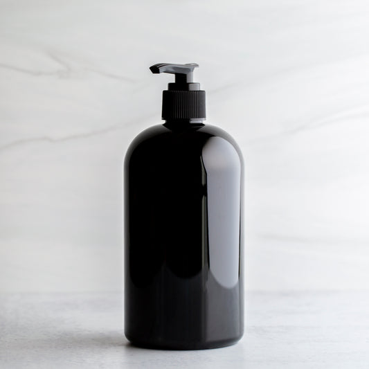 16oz Black Boston Round Bottle with Black Pump
