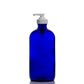 16oz Blue Glass Boston Round Bottle with White Pump