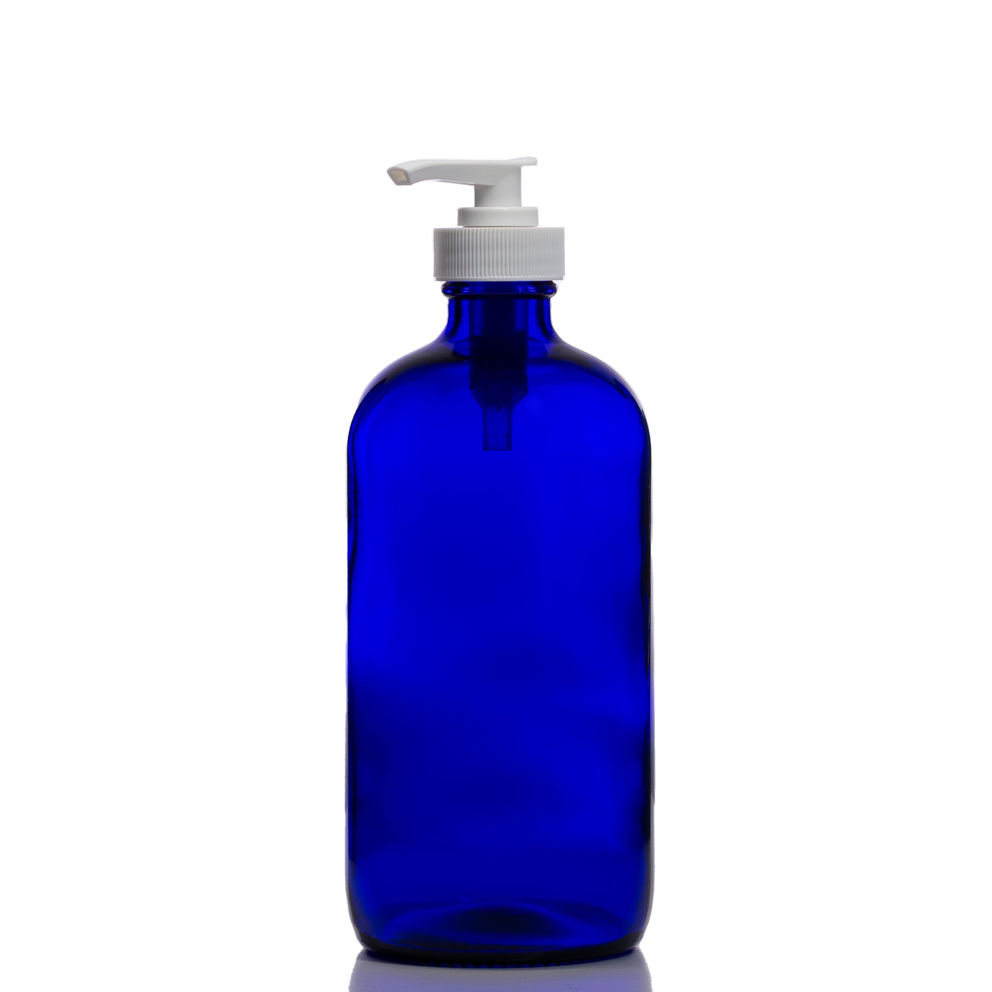 16oz Blue Glass Boston Round Bottle with White Pump