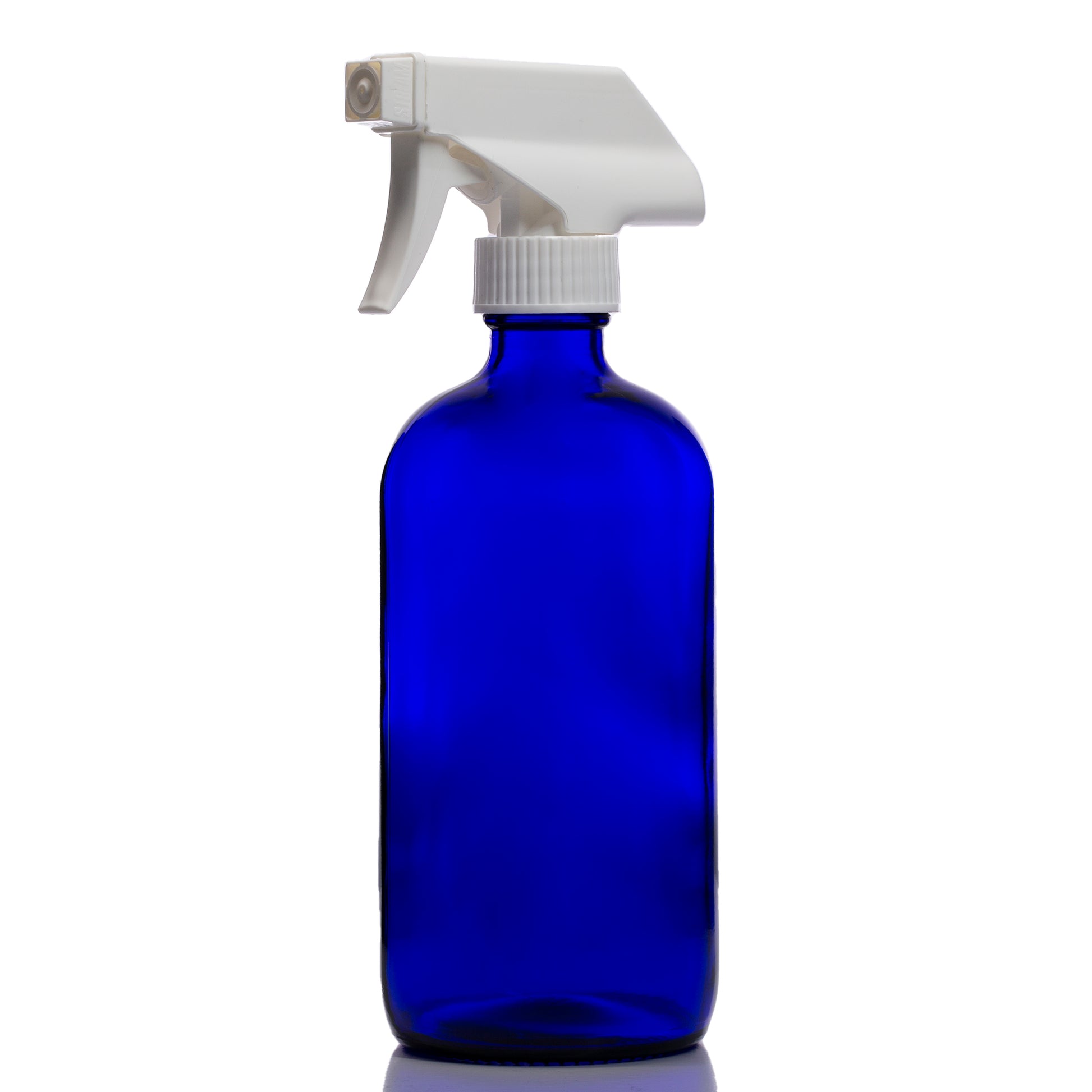 16oz Blue Glass Boston Round with White Trigger Sprayer