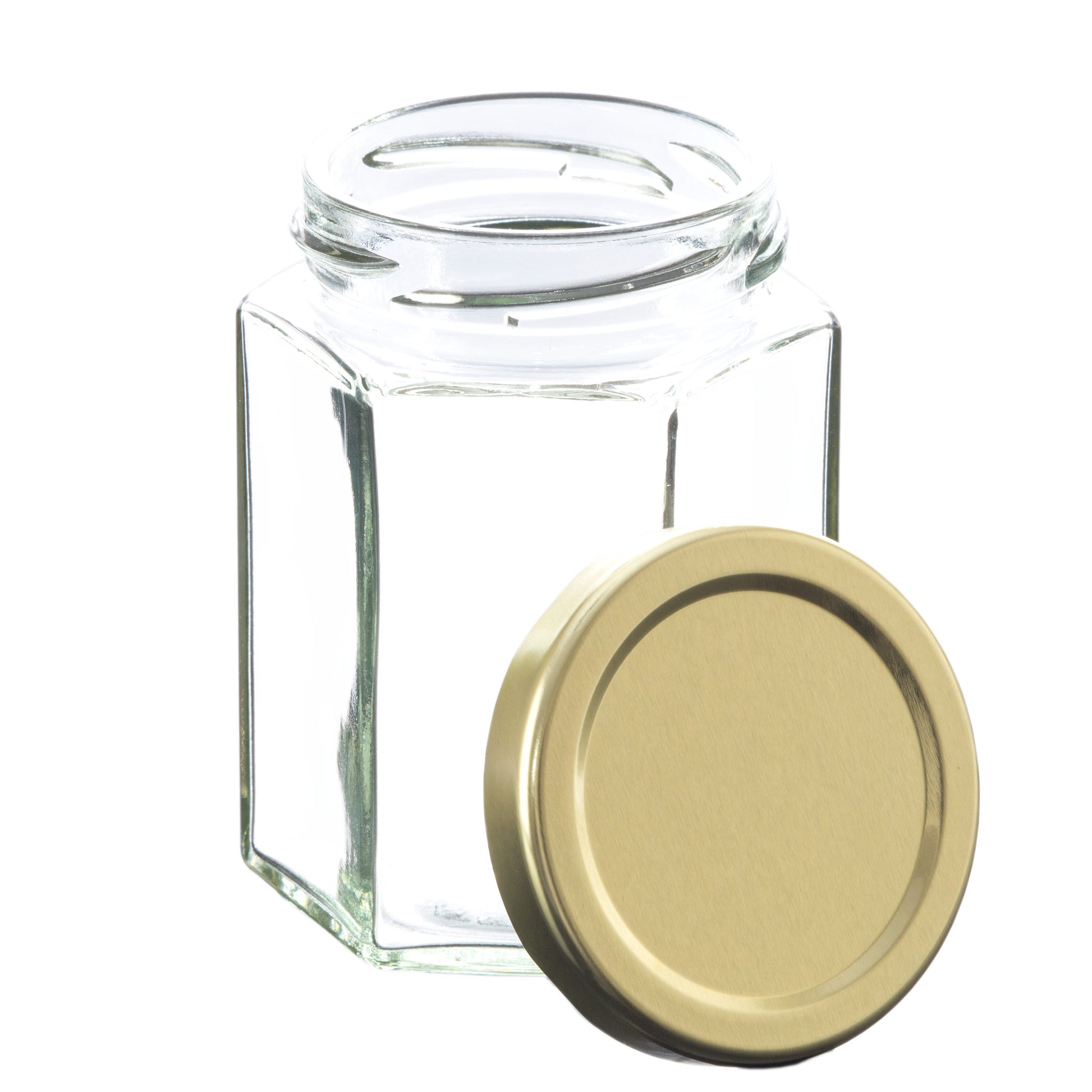 Hexagon Jars Gold Lid (15pcs, 6.0 oz) Hexagon Glass Jars with Gold  Plastisol Lined Lids for