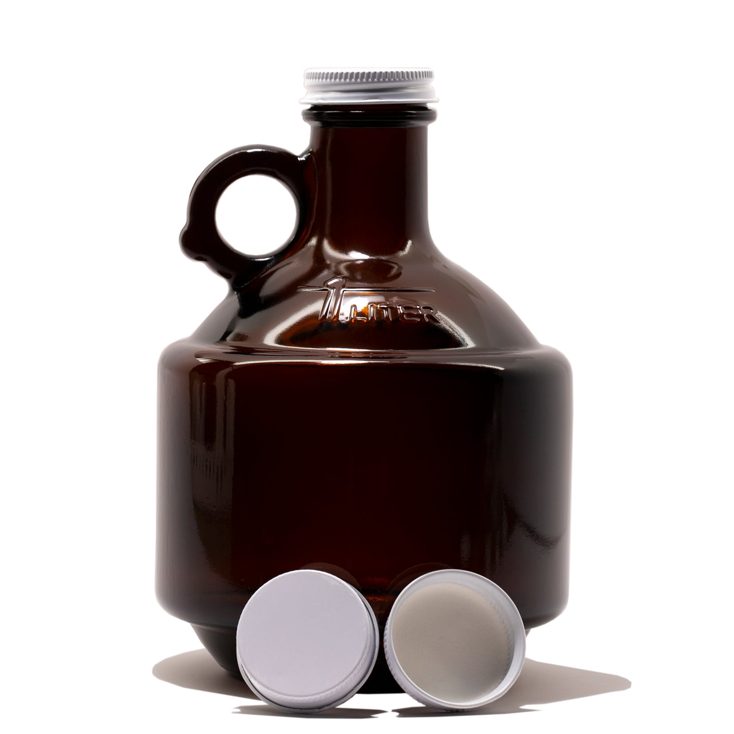 1 Litre / 32 fl. oz. Amber Glass Growler Bottle 38-400 White Metal Cap