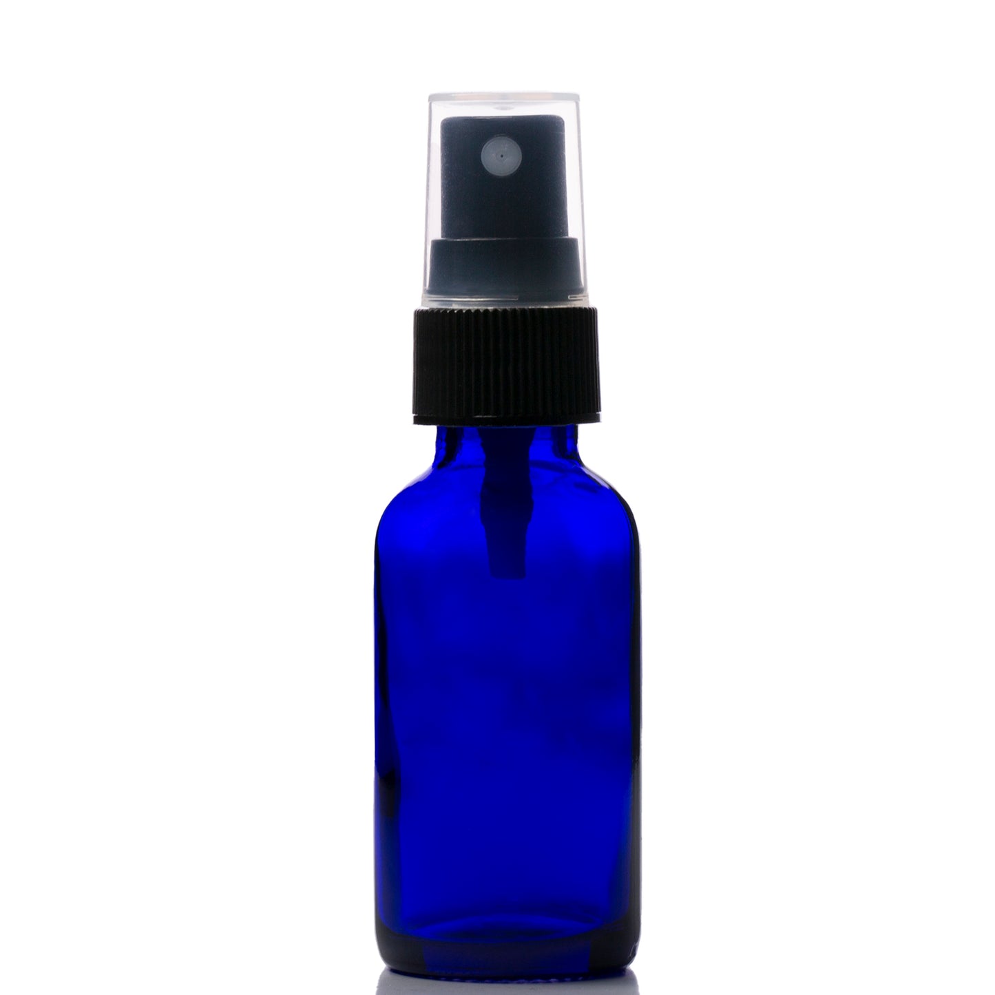 1 oz Blue Glass Boston Round Bottle with 20-400 Black Fine Mist Sprayer