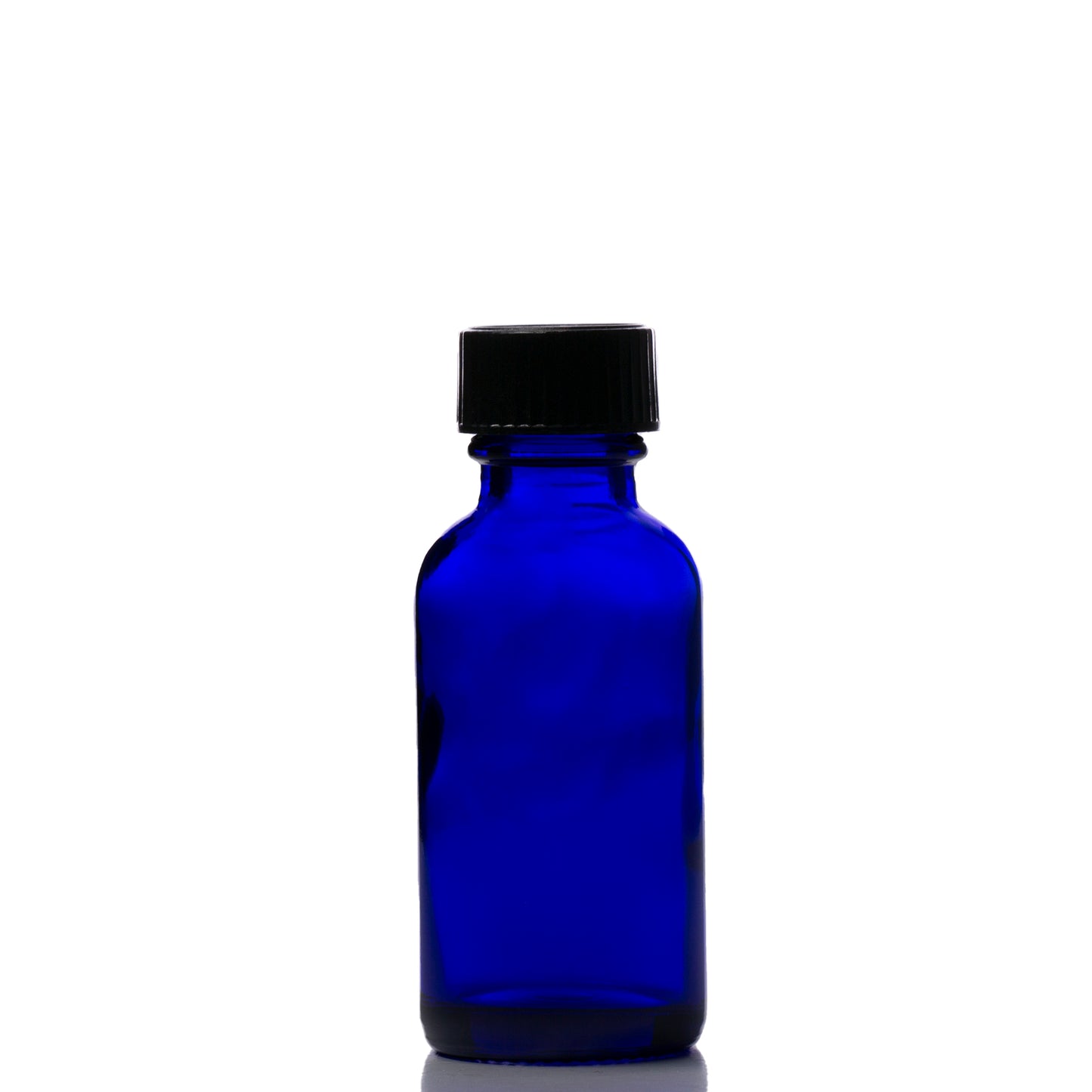 1 oz Blue Glass Boston Round Bottle with 20-400 Black Phenolic Cap