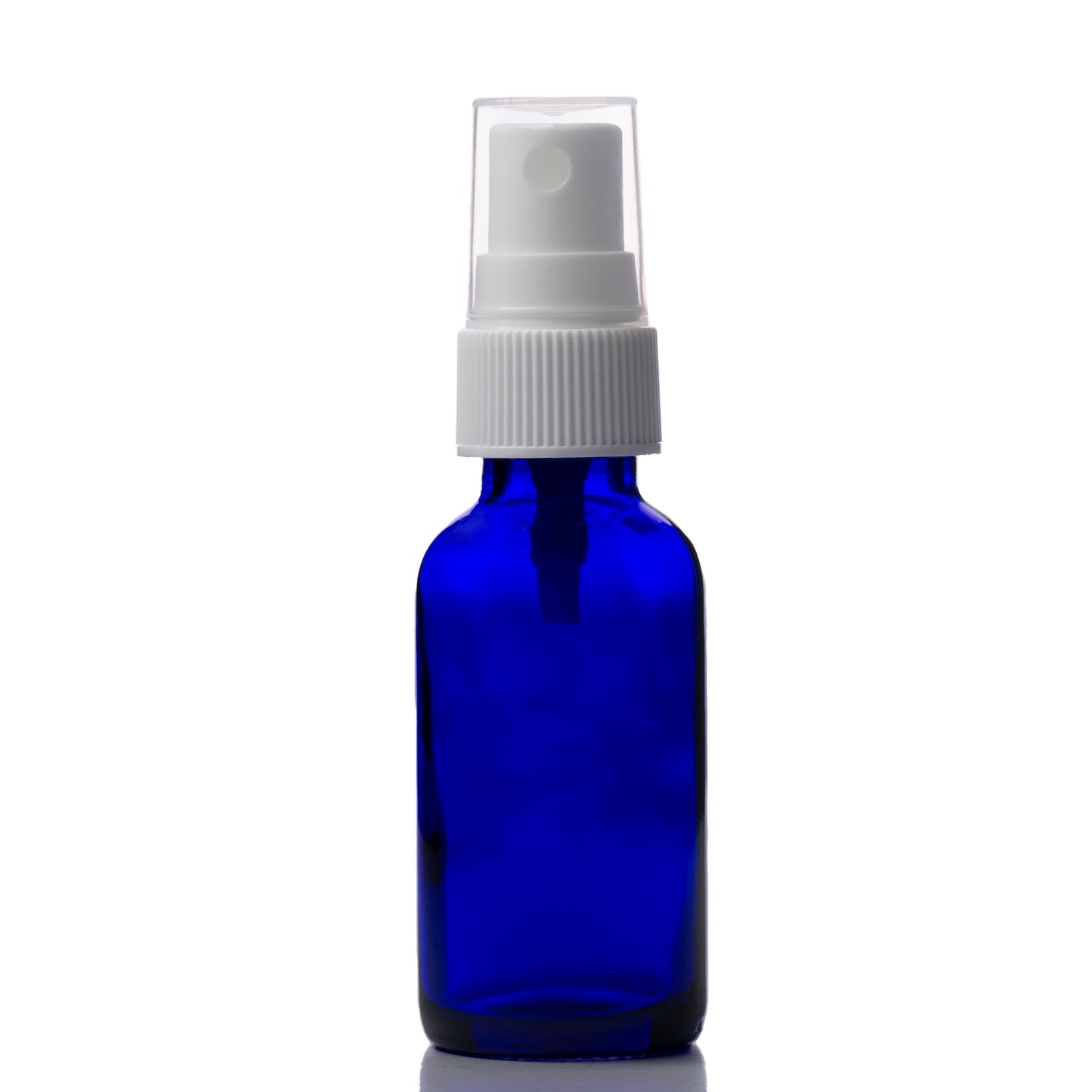 1 oz Blue Glass Boston Round Bottle with 20-400 White Fine Mist Sprayer