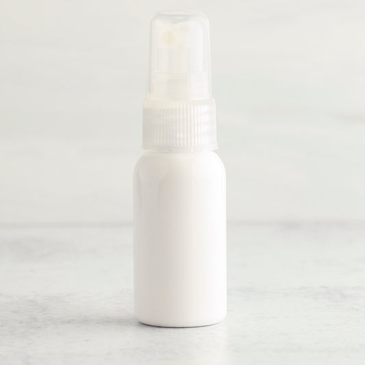 1 oz White PET Boston Round Bottle with 20-410 Natural Fine Mist Sprayer