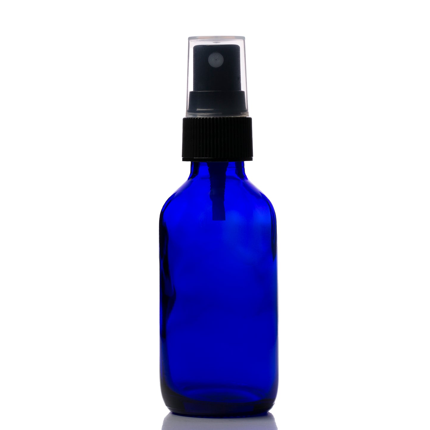 2 oz Blue Glass Boston Round Bottle with 20-400 Black Fine Mist Sprayer