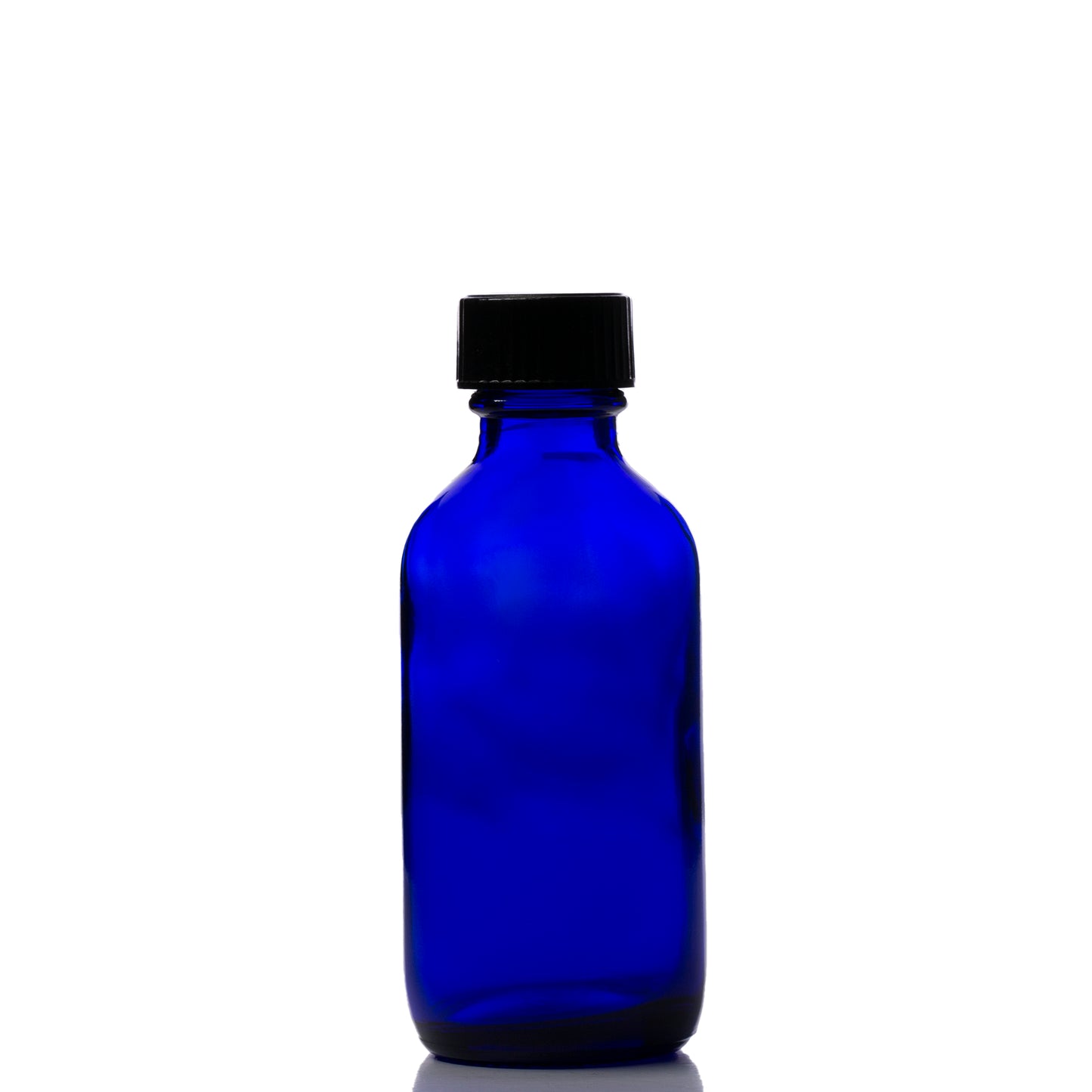 2 oz Blue Glass Boston Round Bottle with 20-400 Black Phenolic Cap