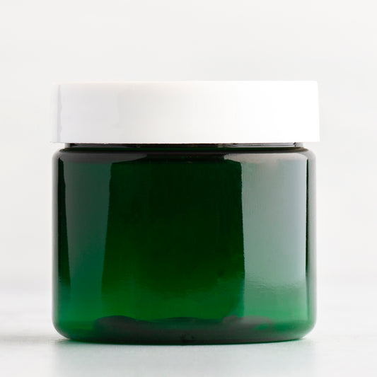 2 oz Green Straight Sided Plastic Jar with White Flat Gloss Cap