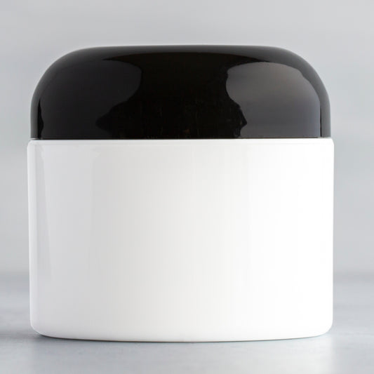 2 oz White Square Base Plastic Jar with Black Dome Cap