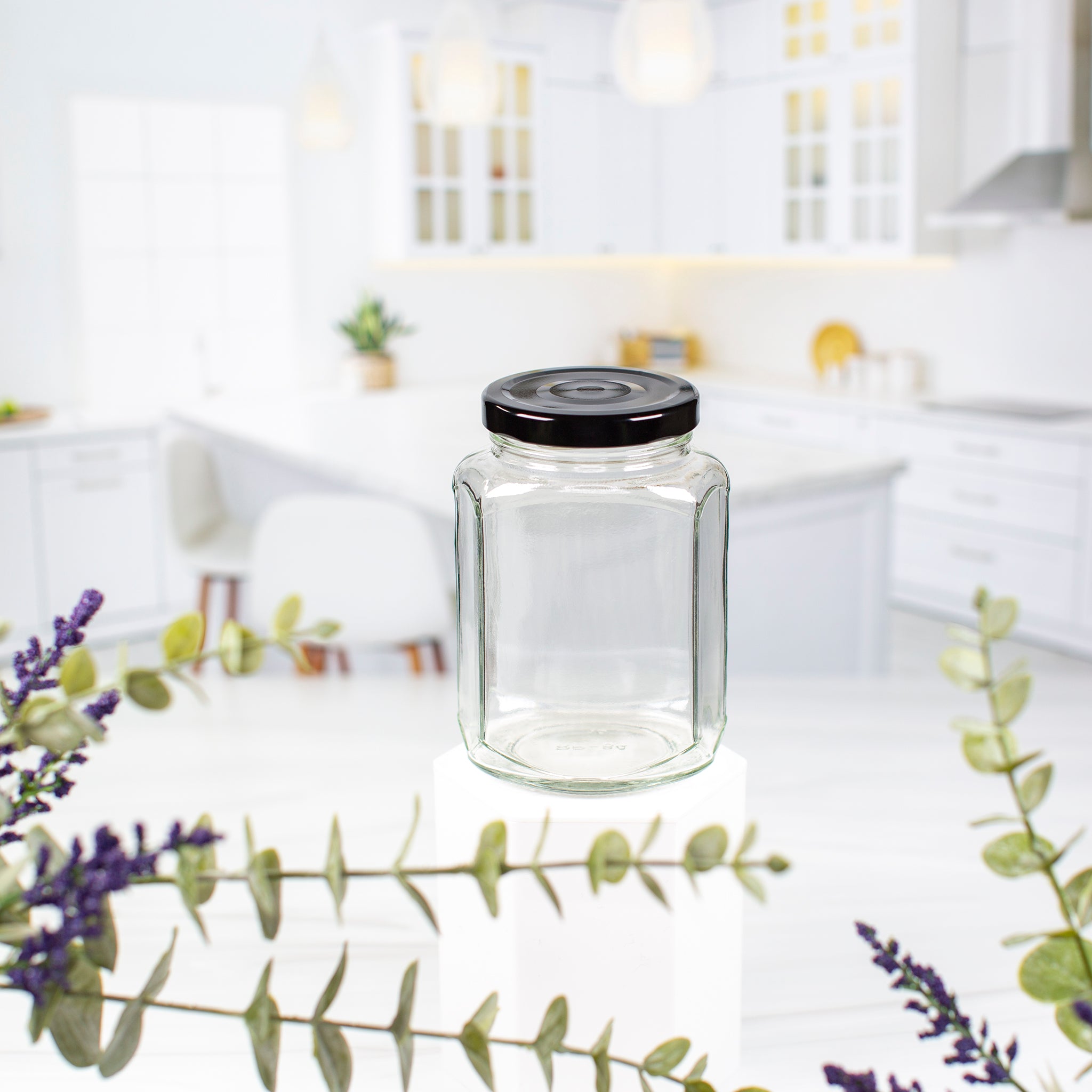 375 ml Oval Hexagon Glass Jar with 63mm Black Metal Lug Lid