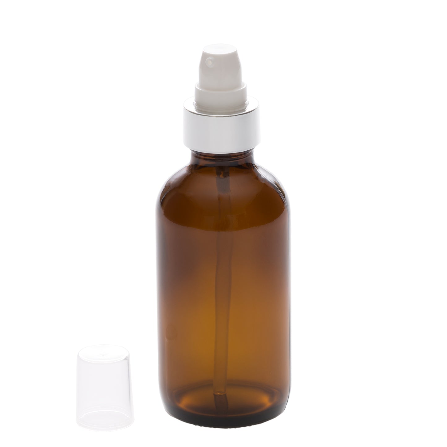 4 oz Amber Glass Bottle with 22-400 White Treatment Pump with Silver Shell
