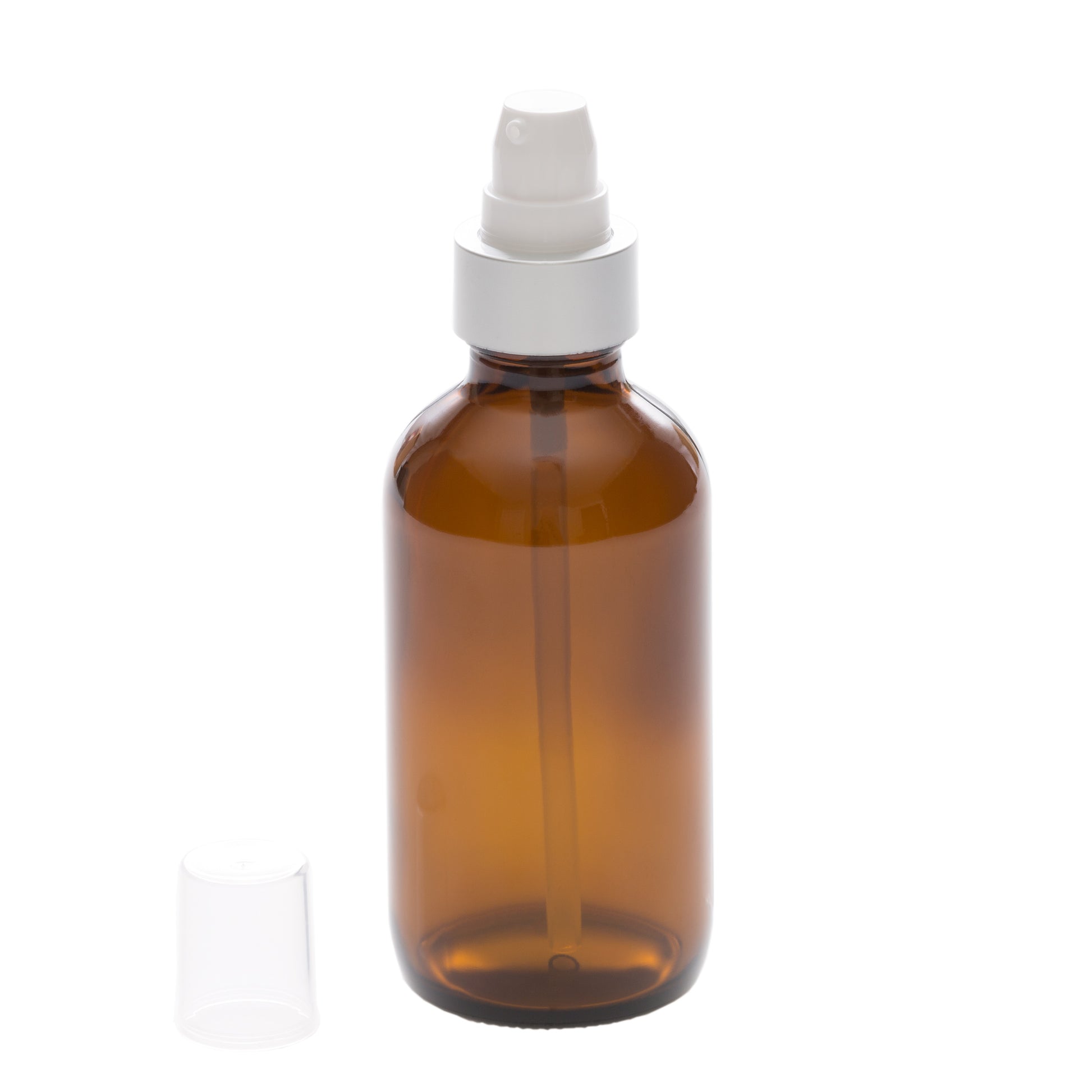 4 oz Amber Glass Bottle with 22-400 White Treatment Pump with Brushed Aluminum Shell