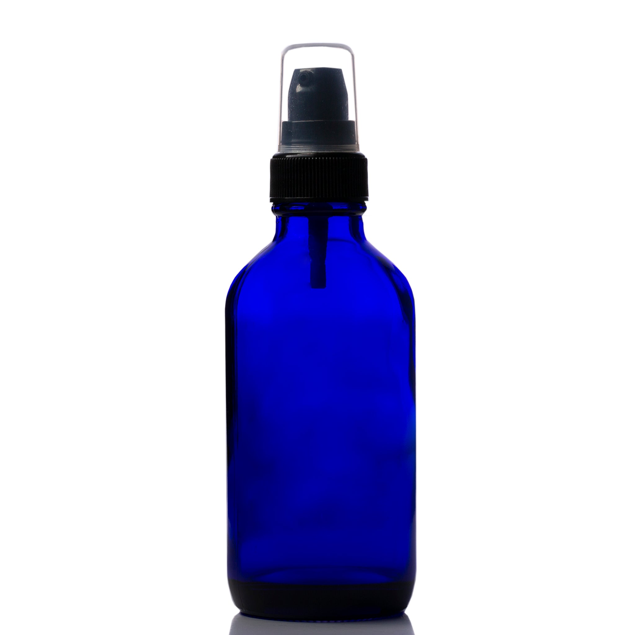 4 oz Blue Glass Boston Round Bottle with 22-400 Black Treatment Pump