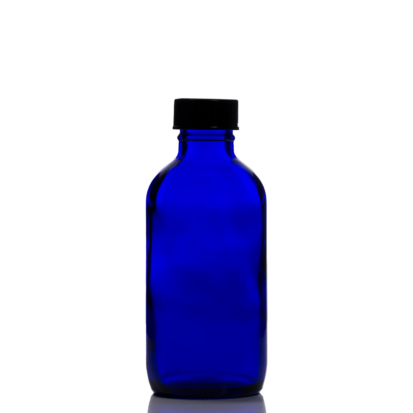 4 oz Blue Glass Boston Round Bottle with 24-400 Black Phenolic Cap