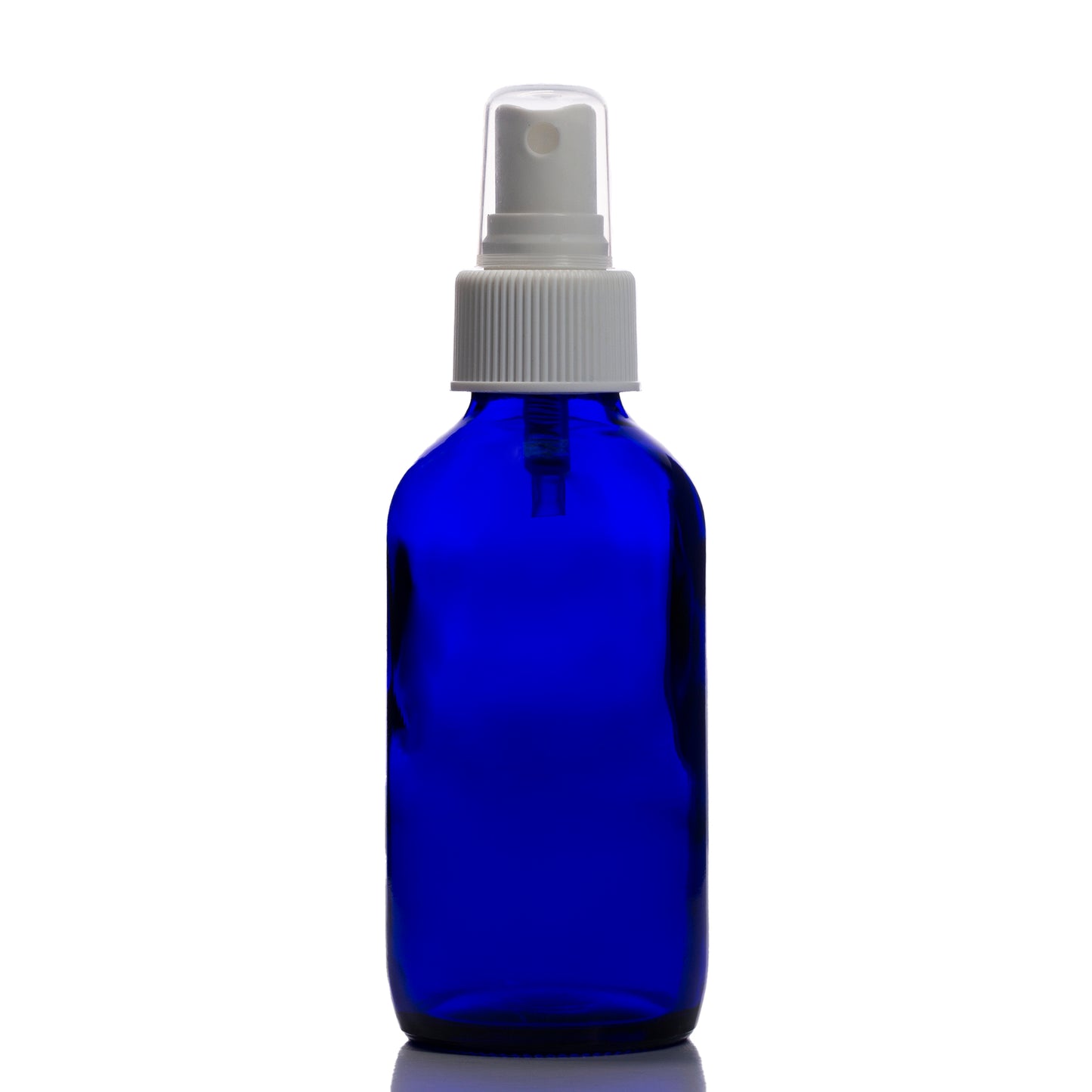 4 oz Blue Glass Boston Round Bottle with 24-410 White Fine Mist Sprayer