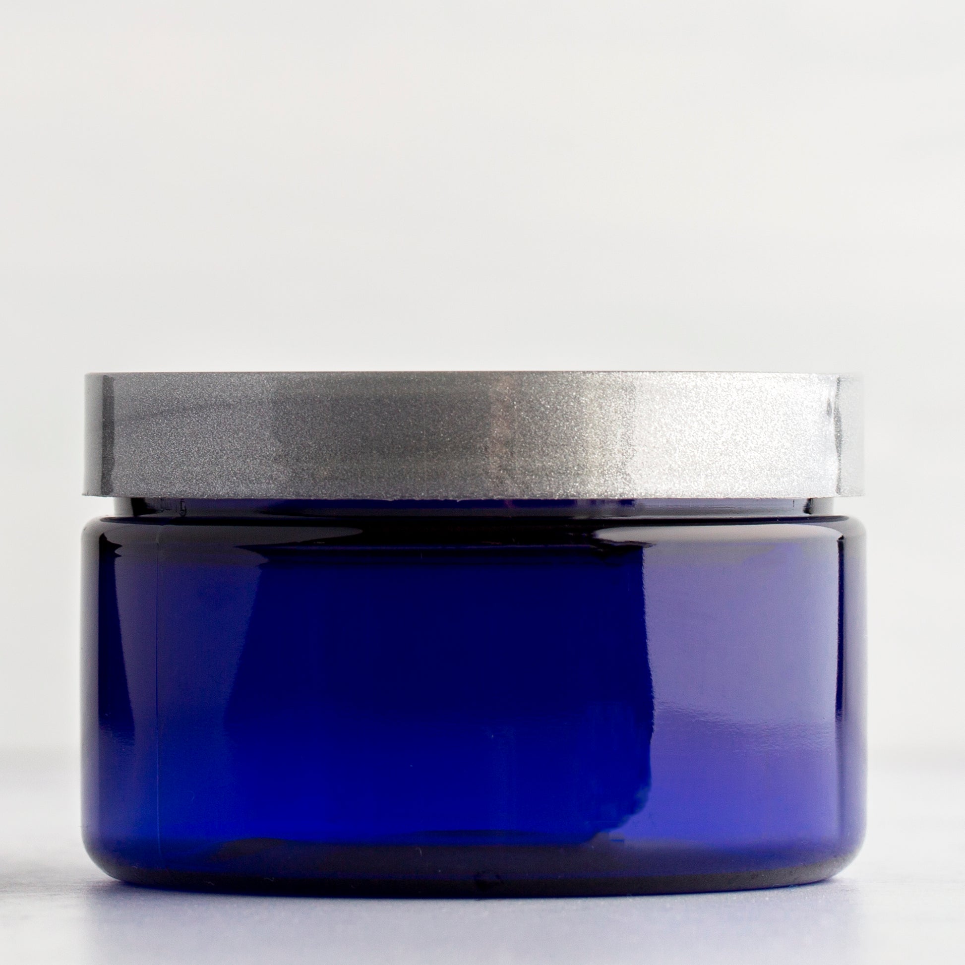 4 oz Blue Shallow Plastic Jar with Silver Flat Gloss Cap