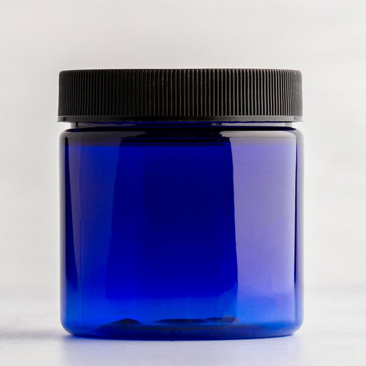 4 oz Blue Straight Side Plastic Jar with Black Ribbed Cap