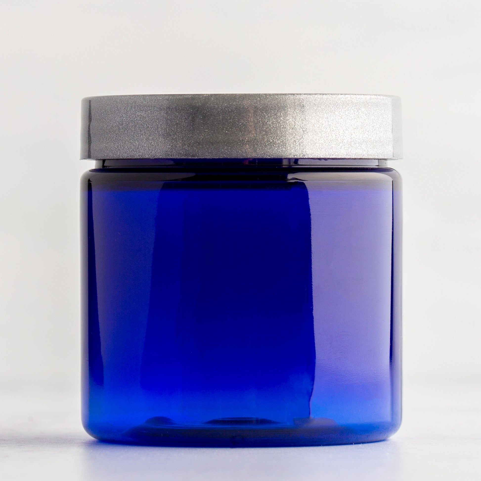 4 oz Blue Straight Side Plastic Jar with Silver Flat Gloss Cap