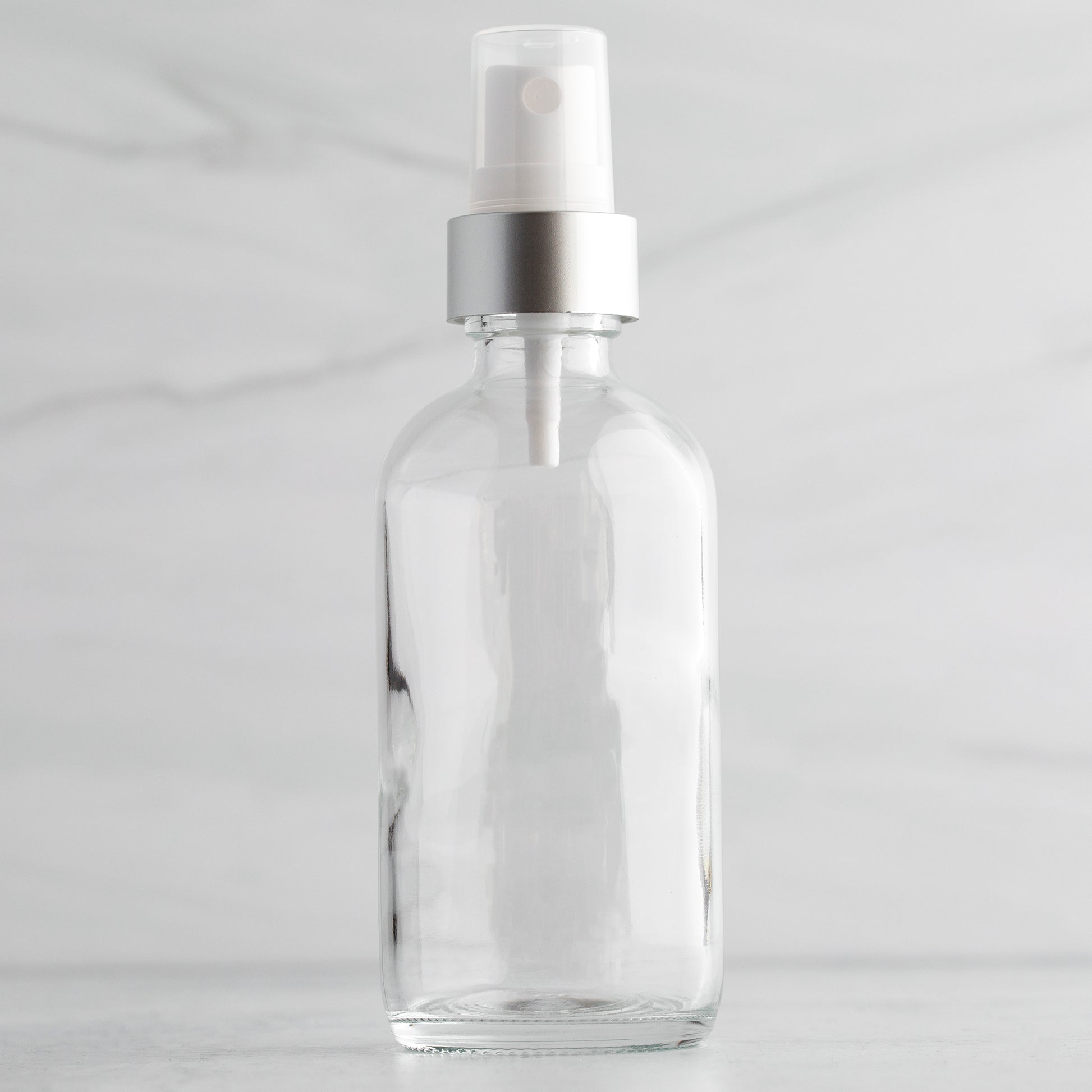 4 oz Clear Glass Bottle with White Mister with Brushed Aluminum Shell