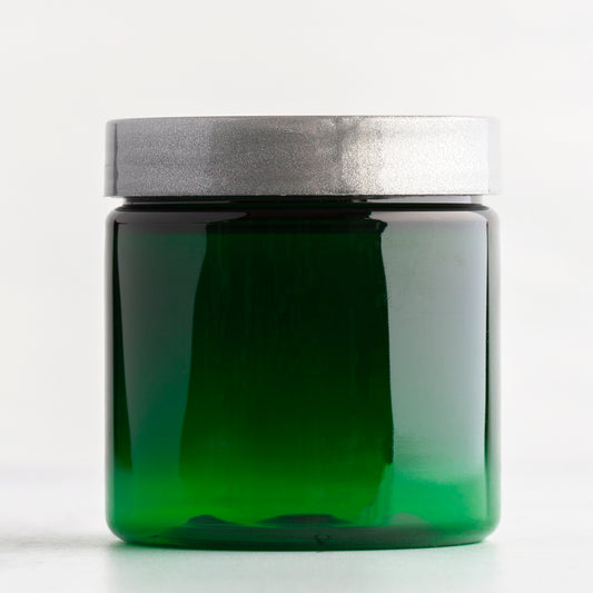 4 oz Green Straight Sided Plastic Jar with Silver Flat Gloss Cap