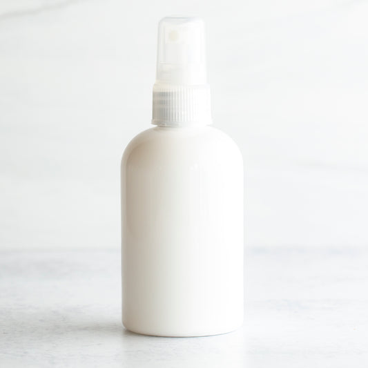 4 oz White PET Boston Round Bottle with 20-410 Natural Fine Mist Sprayer
