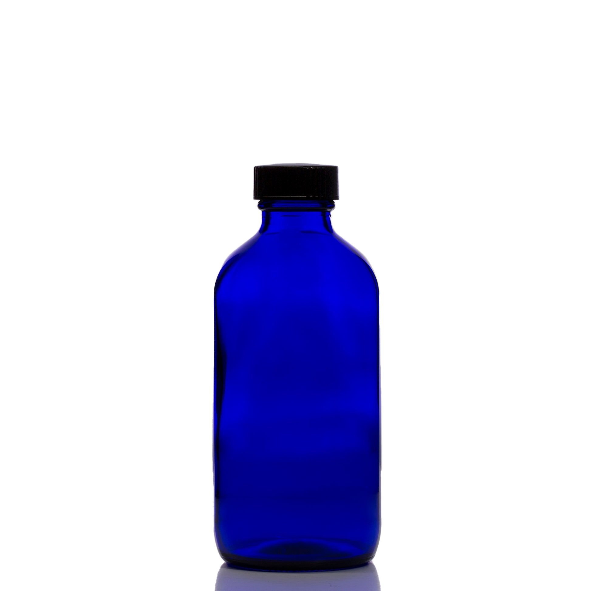 8oz Blue Glass Boston Round Bottle with Black Phenolic Cap