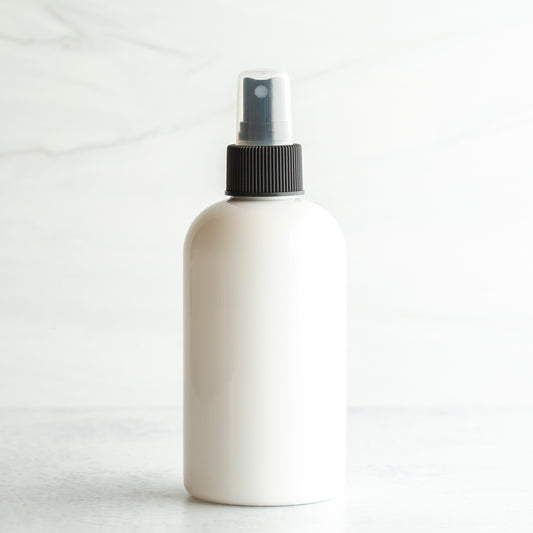 8 oz White PET Boston Round Bottle with 24-410 Black Fine Mist Sprayer