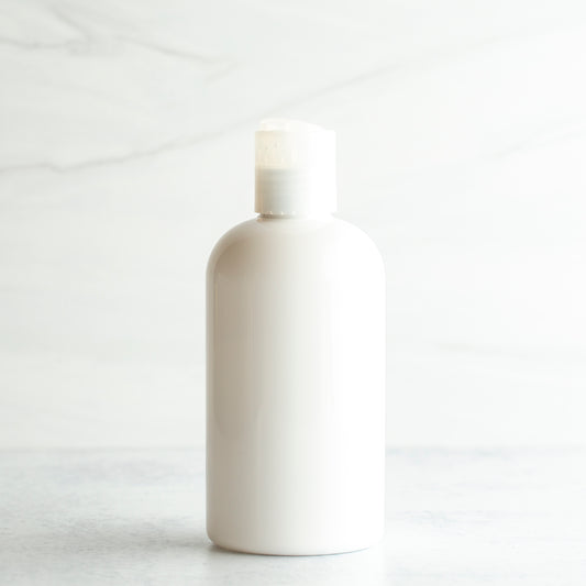 8 oz White PET Boston Round Bottle with 24-410 Natural Disc Cap