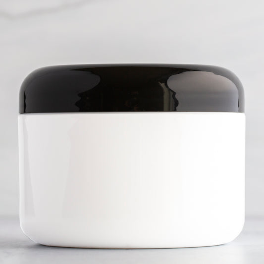 8 oz White Round Base Jar with 89-400 Black Dome Cap