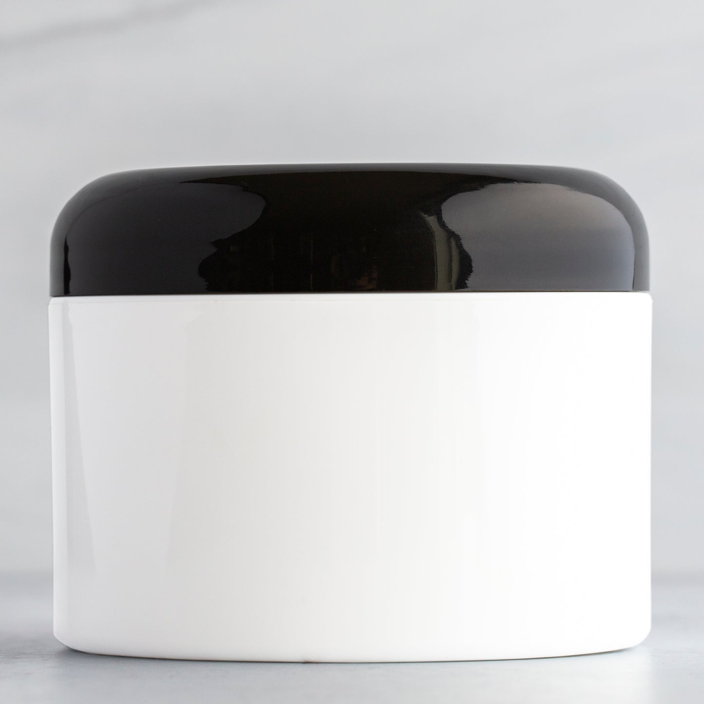 8 oz White Square Base Plastic Jar with Black Dome Cap
