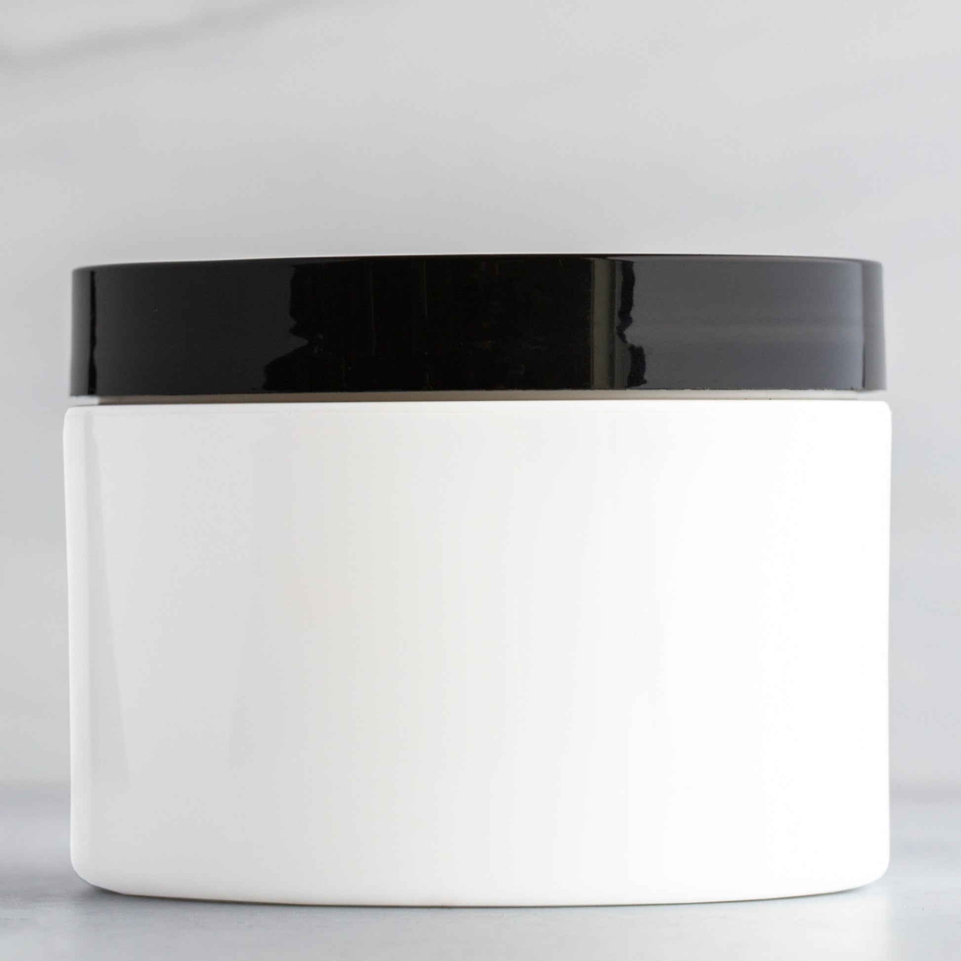 8 oz White Square Base Plastic Jar with Black Gloss Flat Cap