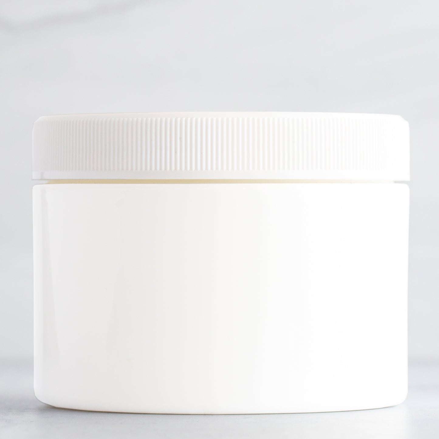 8 oz White Square Base Plastic Jar with White Ribbed Cap
