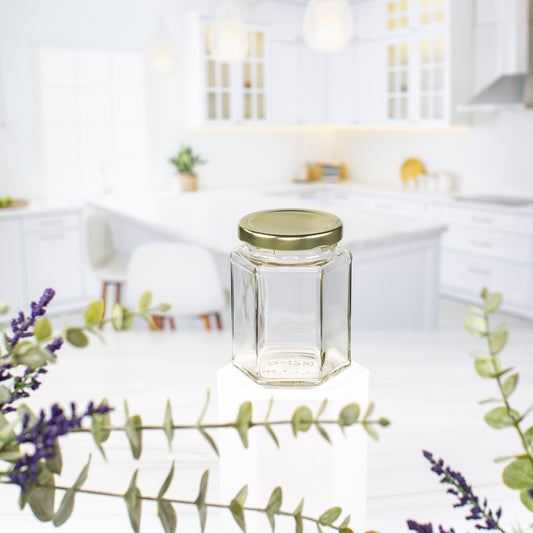 9 oz / 260 ml Hexagon Glass Jar with 63mm Gold Metal Lug Lid