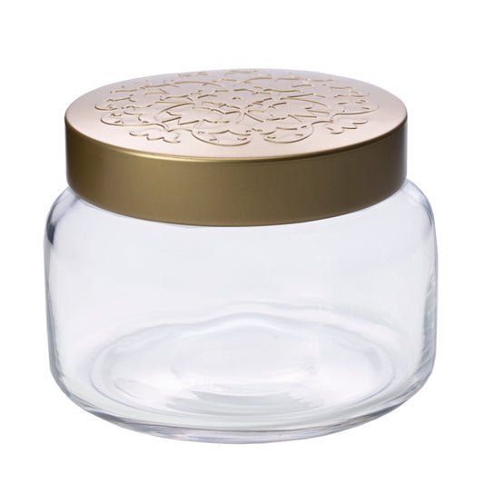 10 oz Clear Glass Jar with Embossed Metal Lid