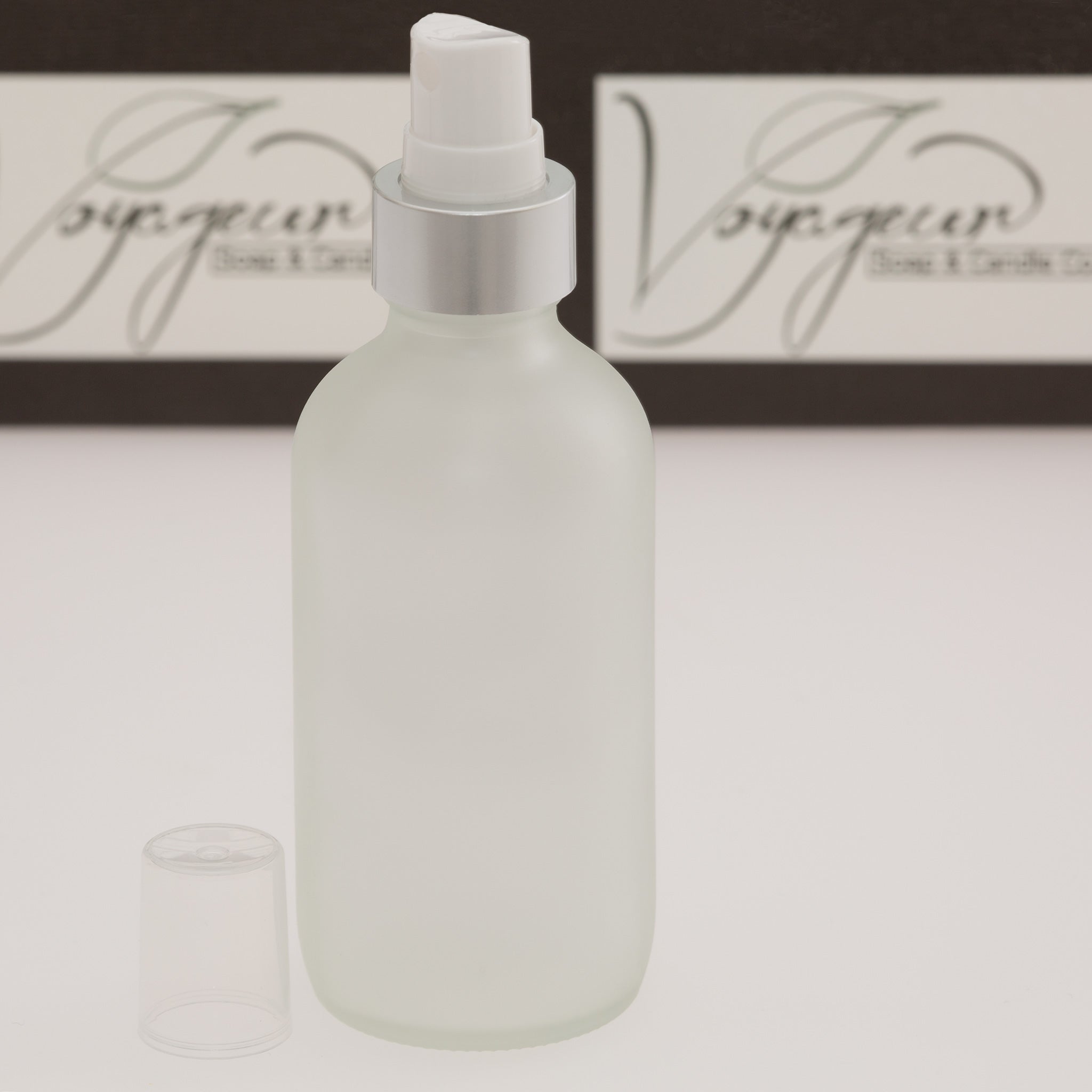 4 oz Frosted Glass Bottle with 22-400 White Mister with Brushed Aluminum Shell