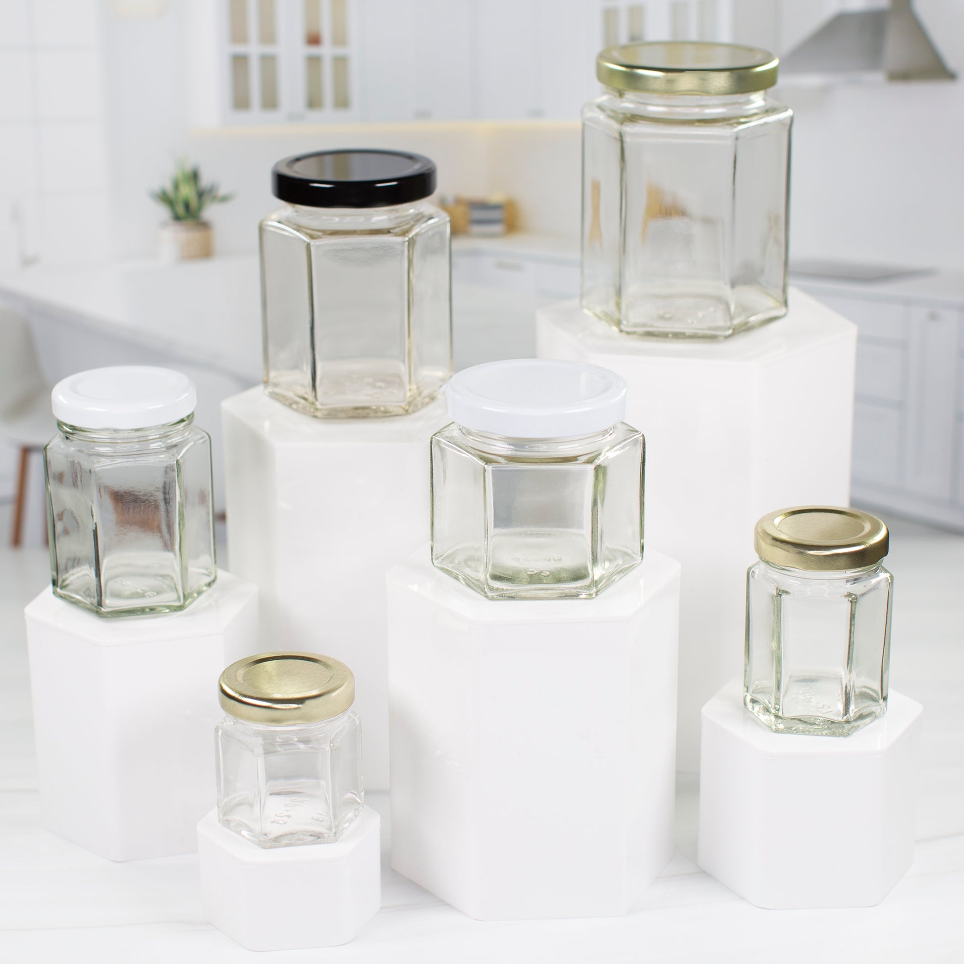 Hexagon Jars Gold Lid (15pcs, 6.0 oz) Hexagon Glass Jars with Gold  Plastisol Lined Lids for